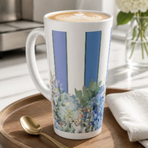 Caneca De Café Latte Caneca de Latte com Hortênsia Azul e Listras Flora