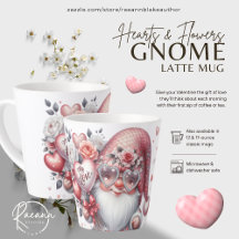 Caneca de Latte Gnome Corações e Flores