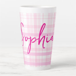 Caneca De Café Latte Caneca de latte xadrez rosa personalizada com nome