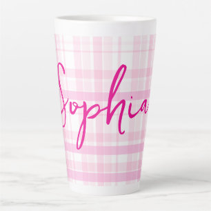 Caneca De Café Latte Caneca de latte xadrez rosa personalizada com nome