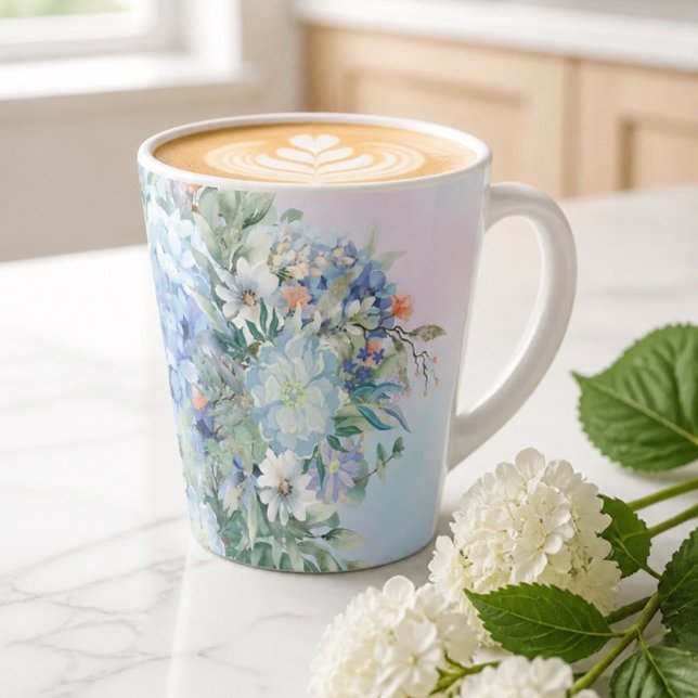 Caneca De Café Latte Caneca Flor de Hortênsia Azul e Latte (Criador carregado)