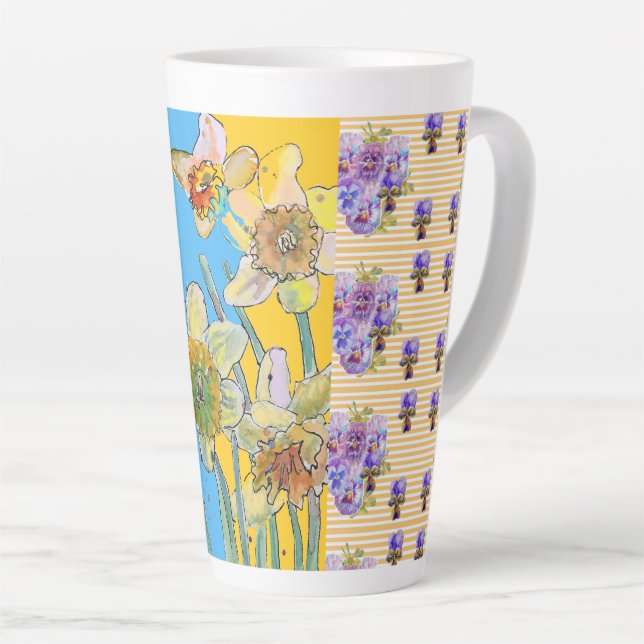 Caneca De Café Latte Caneca Latte Azul-Amarelo-Daffodil Pintada à Mão (Ângulo direito)