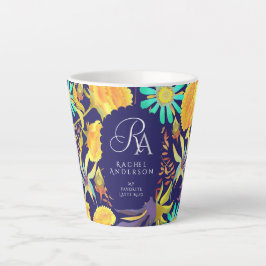 Caneca De Café Latte Caneca Navy Latte com Monograma Floral Místico em
