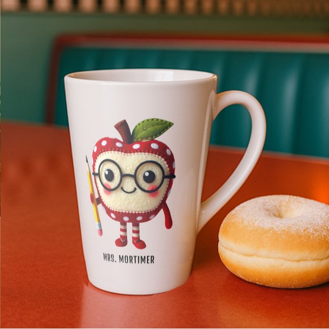 Caneca De Café Latte Caractere de Maçã Vermelha Cuta com Nome de Profes (Cute Apple character wearing glasses and holding a pencil for teachers appreciation custom name)