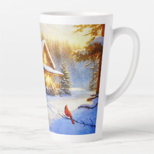 Caneca De Café Latte Cardinal em um Dia de Neve
