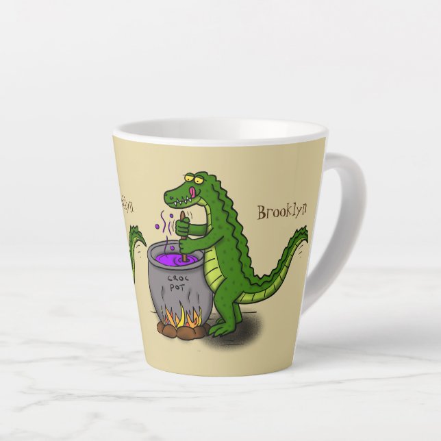Caneca De Café Latte Cartografia engraçada do cozinhar de jacaré verde (Ângulo direito)