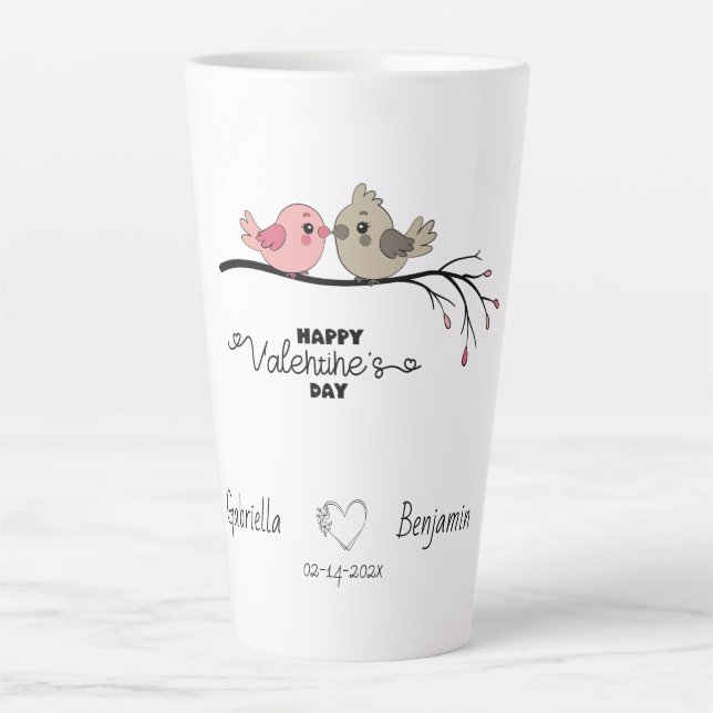 Caneca De Café Latte Cartoon Bonito Aves no Dia do Namorados (Frente)