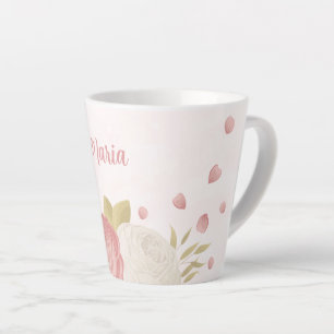 Caneca De Café Latte Casamento floral romântico rosa branco e dourado