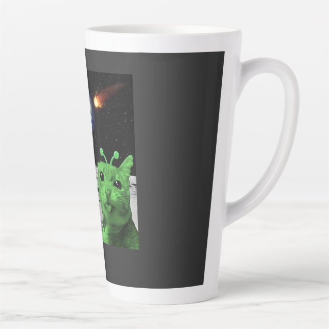 Caneca De Café Latte Cat Meme Alien Green Cat Selfie UFO Latte Mug (Direita)