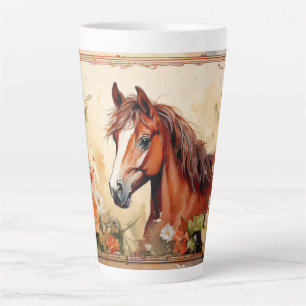 Caneca De Café Latte Cavalo castanho e flores silvestres