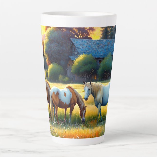 Caneca De Café Latte Cavalo no Prado de Flores Silvestres da Fazenda (Frente)