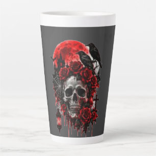 Caneca De Café Latte Caveira de Corvo Gótica Escura com Rosas Carmesim