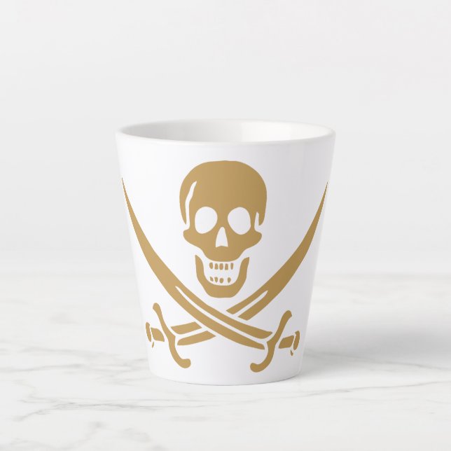 Caneca De Café Latte Caveira e Cutelo de Ouro Azteca Pirata Calico Jack (Frente)