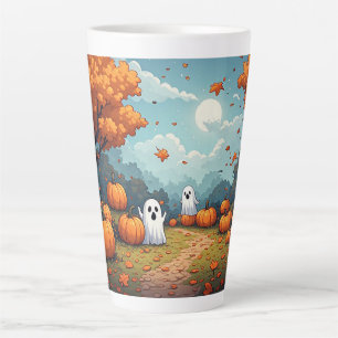 Caneca De Café Latte Cena da Floresta de Halloween no Campo de Abóbora