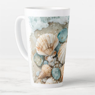 Caneca De Café Latte Cena de Conchas de Água Marinha em Aquarela com Ma