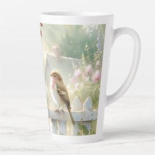 Caneca De Café Latte Cena de Jardim de Rosas e Pássaros em Aquarela