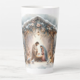 Caneca De Café Latte Cena de Natal Rústica com Florais de Inverno