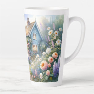 Caneca De Café Latte Cena Floral Casa Azul Jardim Cottage Pastel
