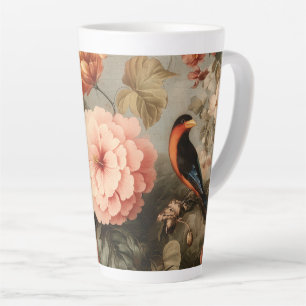 Caneca De Café Latte Cena Floral e de Pássaros Vintage Vibrante