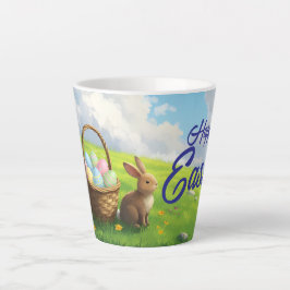 Caneca De Café Latte Cesta de Páscoa de Coelhinho em Prado de Primavera