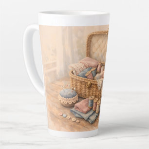Caneca De Café Latte Cesto de Costura Antigo Pastel Cottagecore