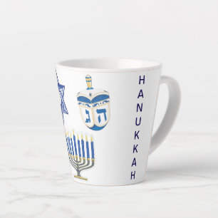 Caneca De Café Latte Chanucá Azul e Branco Datado Pequeno