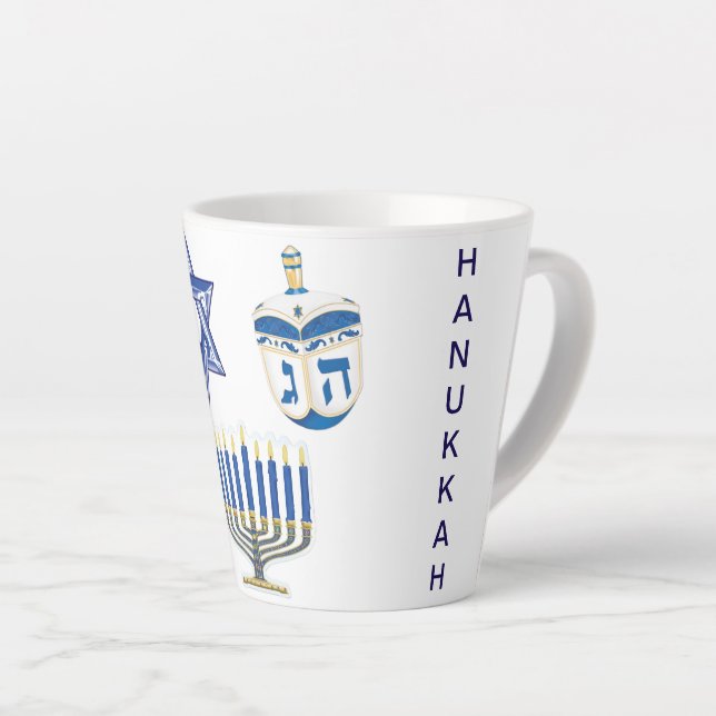 Caneca De Café Latte Chanucá Azul e Branco Datado Pequeno (Ângulo direito)