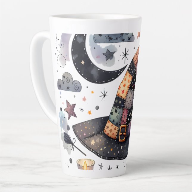 Caneca De Café Latte Chapéu das Bruxas e Magia Celestial (Ângulo esquerdo)
