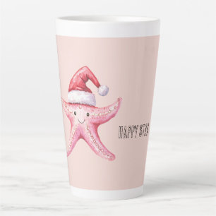 Caneca De Café Latte Chapéu de Papai Noel Estrela do Mar Feliz Rosa