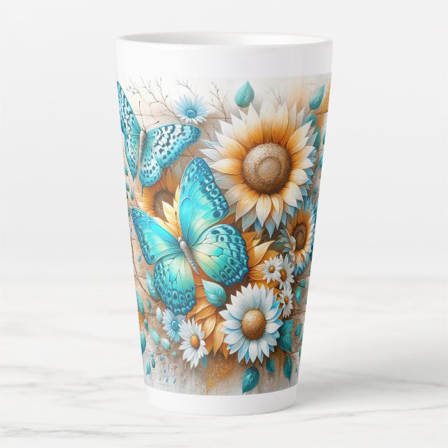 Caneca De Café Latte Charme Rústico: Borboleta e Margarida (Frente)