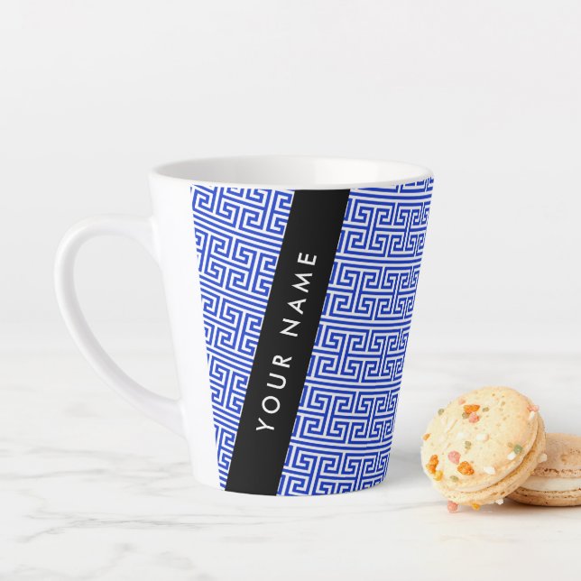 Caneca De Café Latte Chave Grega Meander H Blue, Seu Nome Personalizar (In Situ)