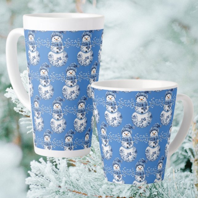 Caneca De Café Latte Cheerful Blue White Happy Snowman  (Warm up with a gingerbread latte!)