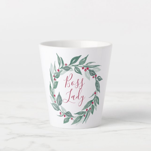 Caneca De Café Latte Chefe Lady Boho Greenery Wreath Red Berries Feriad (Frente)