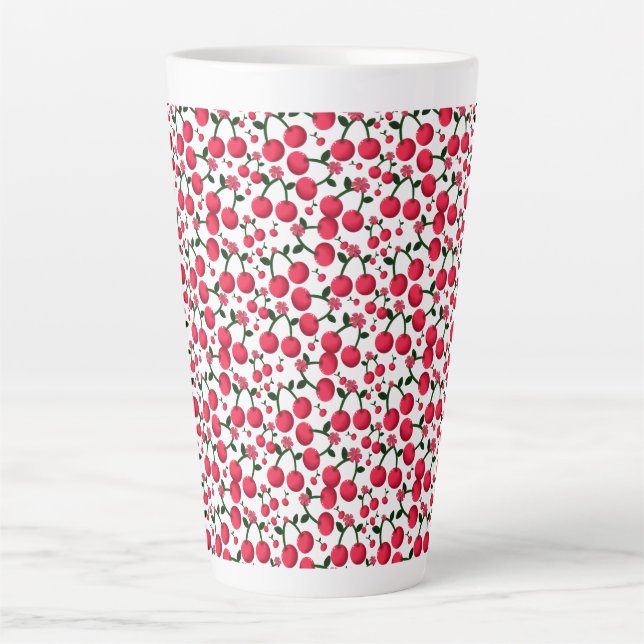Caneca De Café Latte Cherry Seamless Pattern, Red Fruit Pattern, Cute C (Frente)