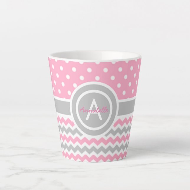 Caneca De Café Latte Chevron da Bolinhas da Cinza rosa (Frente)