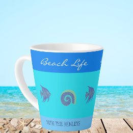 Caneca De Café Latte Chic Blue Stripes Fish Family Name Beach House
