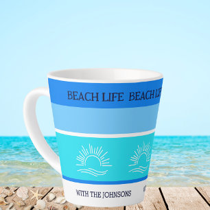 Caneca De Café Latte Chic Blue Stripes Nome Família Beach House