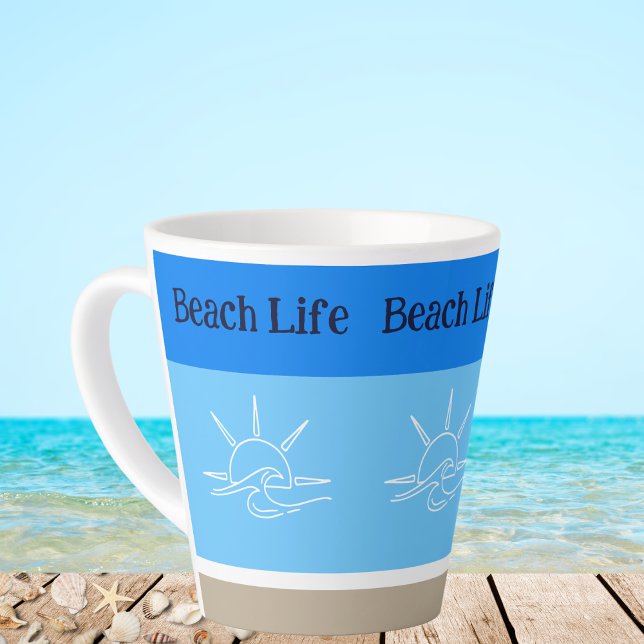Caneca De Café Latte Chic Blue Stripes Tan Beach House (Criador carregado)