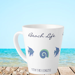 Caneca De Café Latte Chic Blue White Fish e Shell Family Beach House