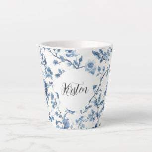Caneca De Café Latte Chic Branco Azul Floral