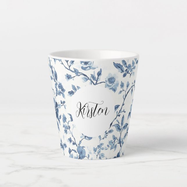 Caneca De Café Latte Chic Branco Azul Floral   (Frente)