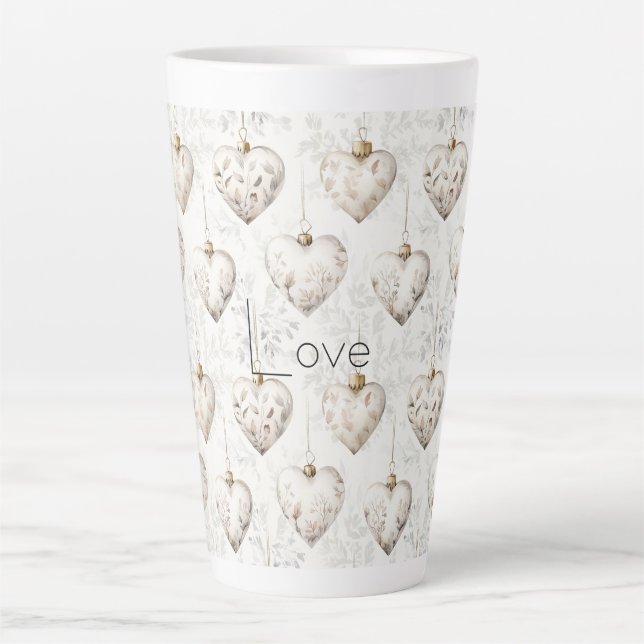Caneca De Café Latte Chic Cream Grey Hearts Ornaments   (Frente)