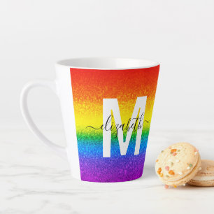 Caneca De Café Latte Chic Rainbow Glitter Striter Monograma Nome