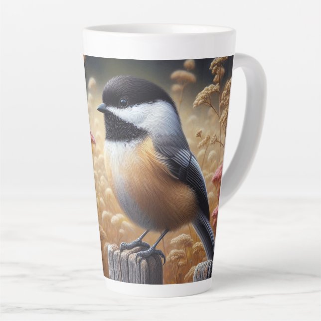 Caneca De Café Latte Chickadee Perchido na Cerca (Ângulo direito)