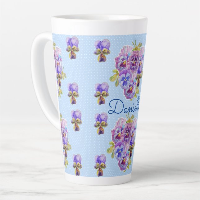 Caneca De Café Latte Chique Azul Pansor Bolinhas Floral (Ângulo esquerdo)