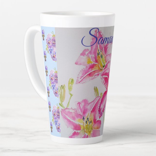 Caneca De Café Latte Chique rosa Flor Lily Floral Spots Blue Spot (Ângulo esquerdo)
