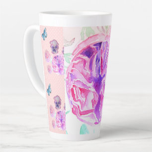 Caneca De Café Latte Chique Rosa Rosa Rosa Floral Flores Rosas Manchas