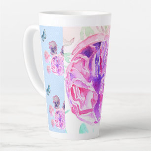 Caneca De Café Latte Chique Rosa Rosa Rosa Floral Flores Rosas Manchas
