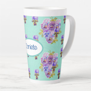Caneca De Café Latte Chique Turquoise Aqua Pansy Flor Latte Mug