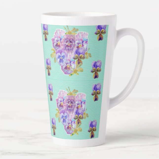 Caneca De Café Latte Chique Turquoise Aqua Pansy floral Latte Mug (Direita)